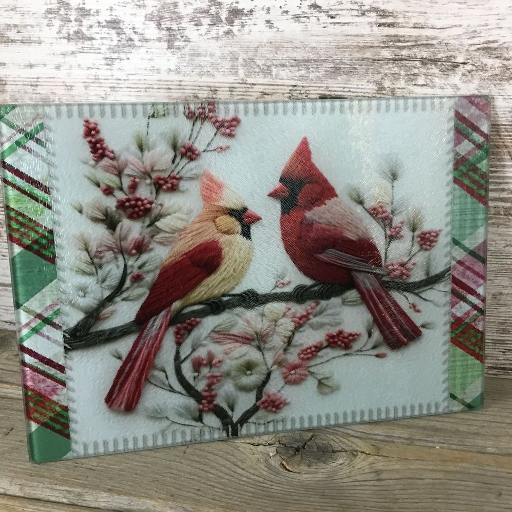 Cardinals on Festive Plaid Glass Cutting Board 11.25" x 15.25"